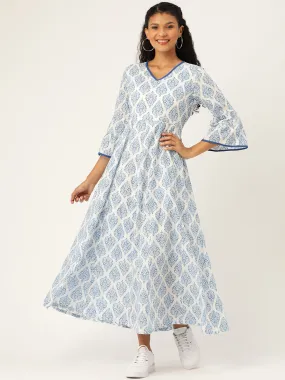 Women Blue Motif Floral Anarkali Maxi