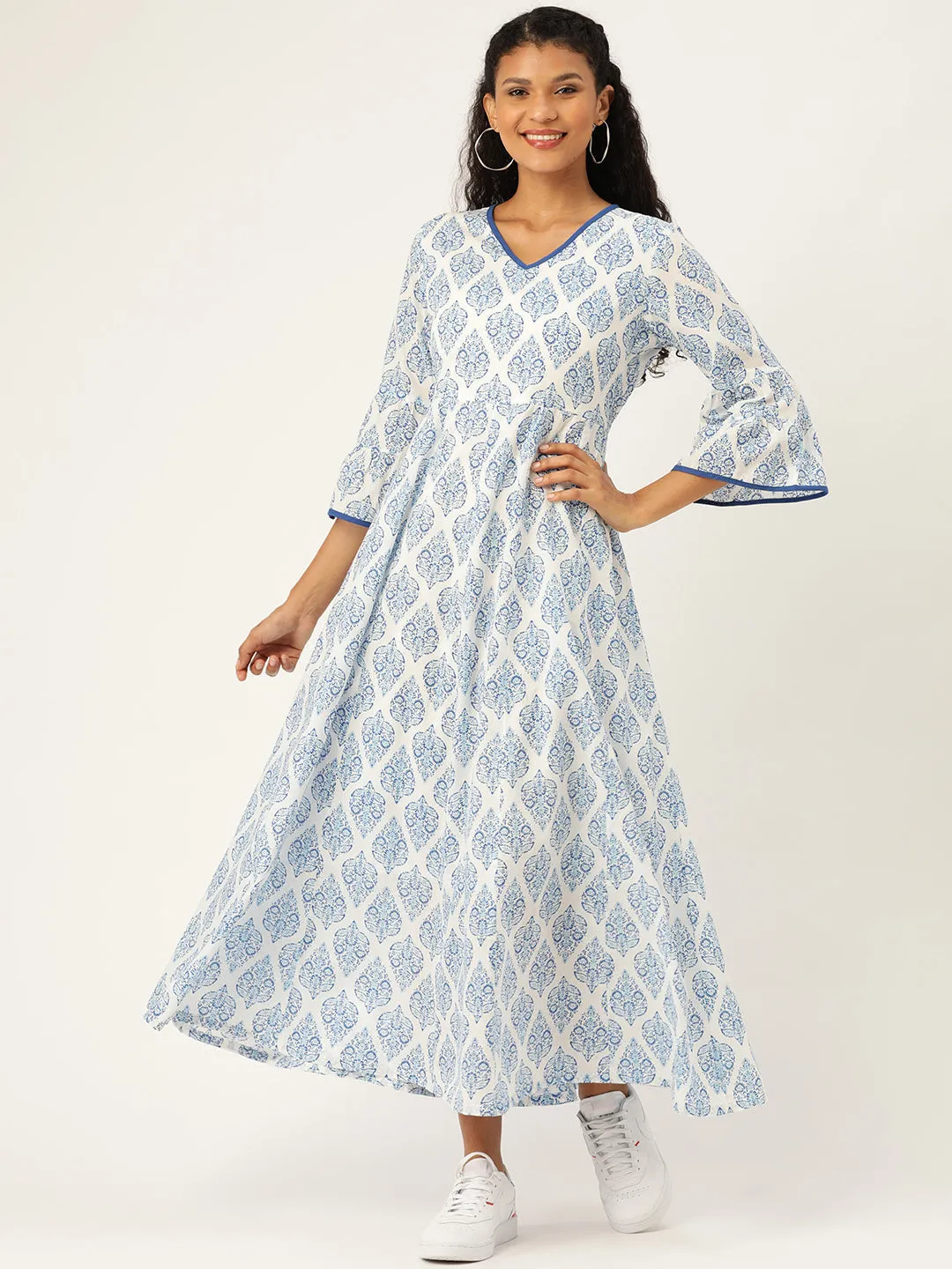 Women Blue Motif Floral Anarkali Maxi