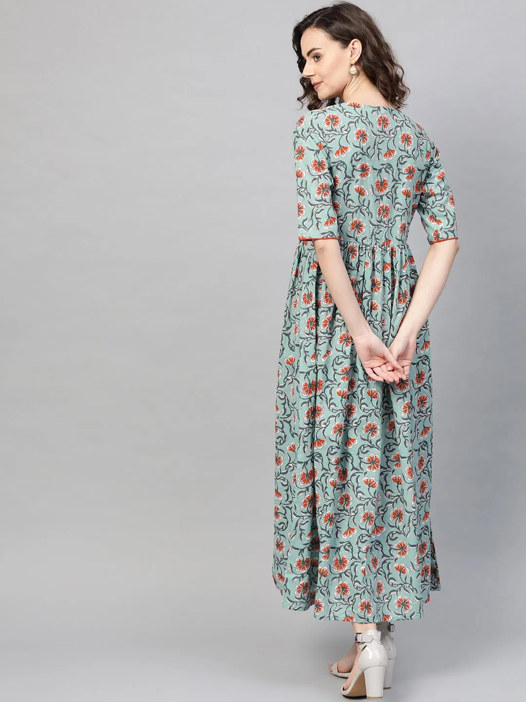 Women Green & Orange Floral Printed Maxi Dress