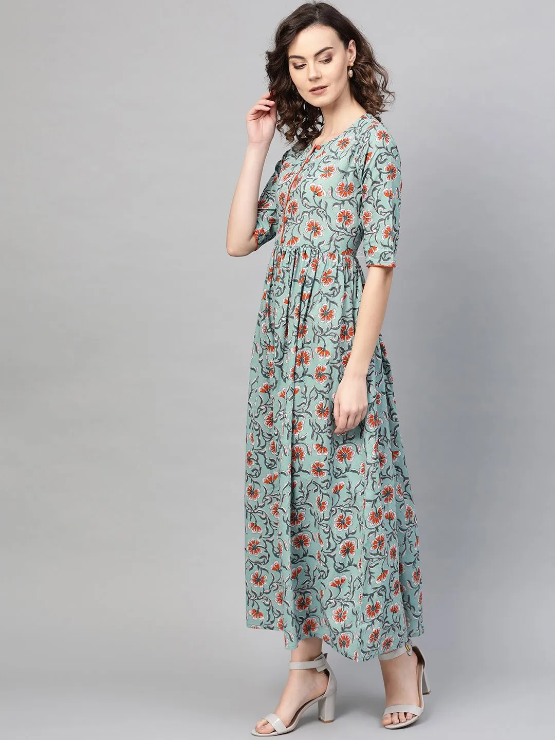 Women Green & Orange Floral Printed Maxi Dress