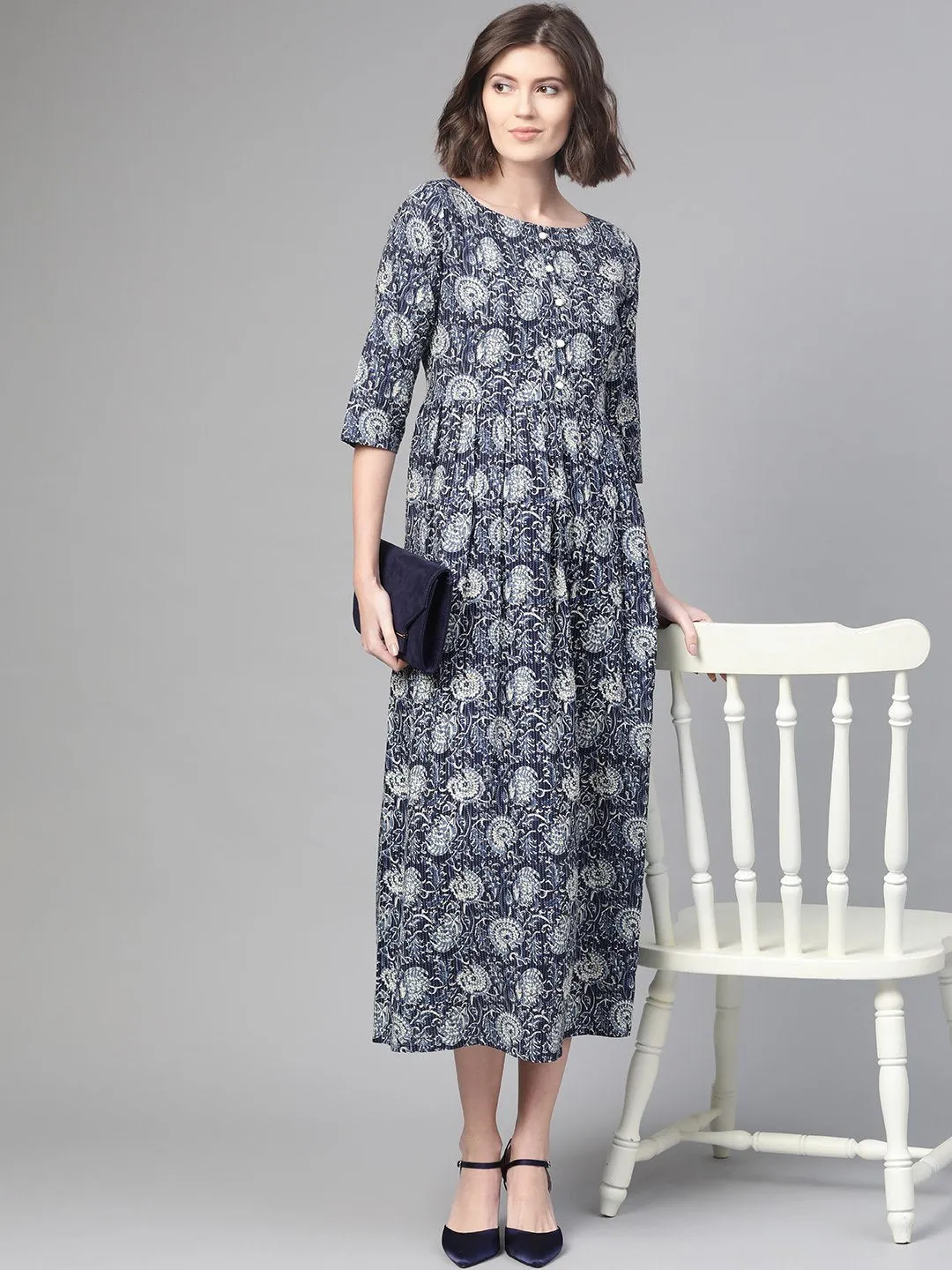 Women Navy Blue & Cream Floral Printed Maxi Dress