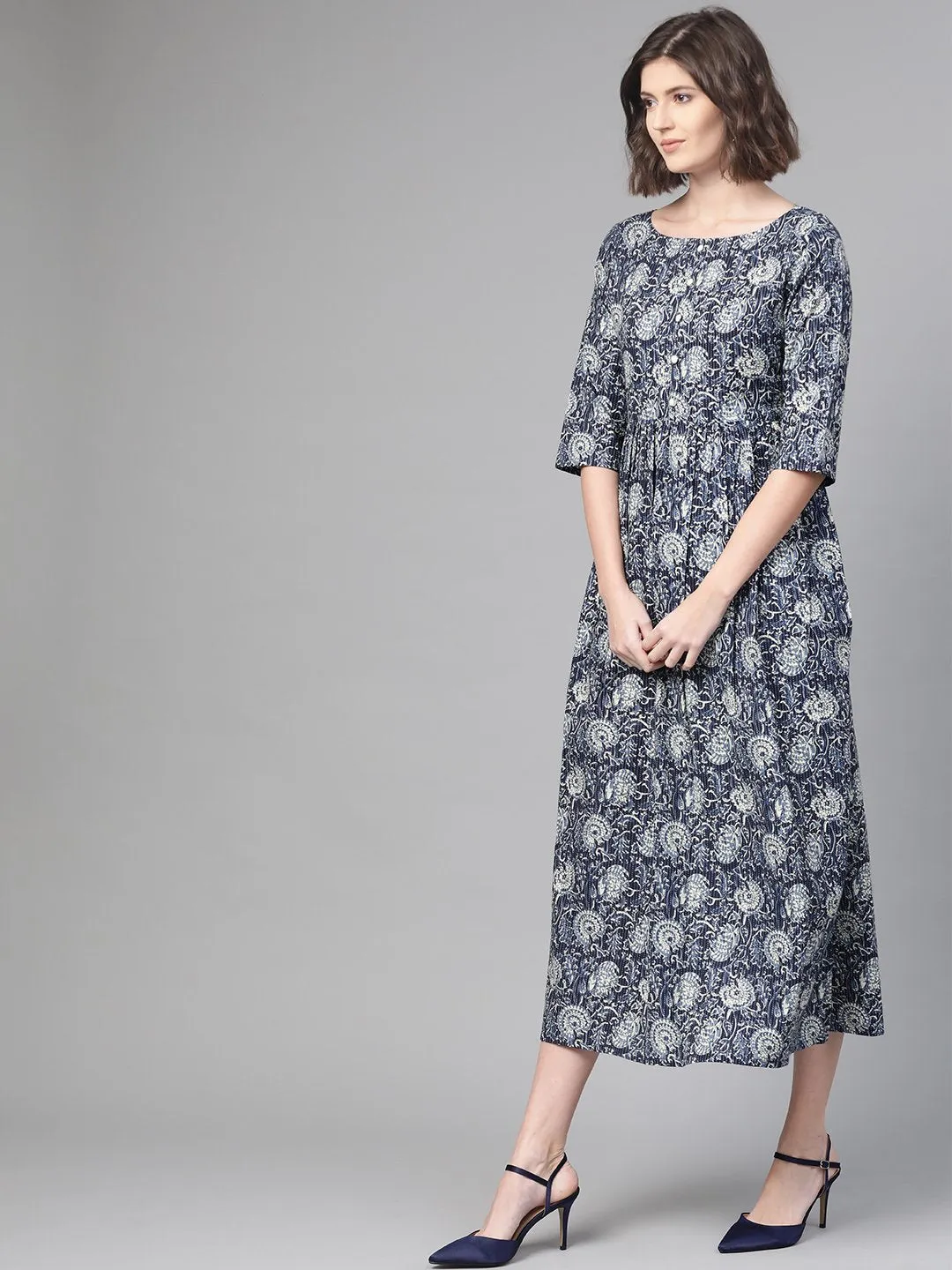 Women Navy Blue & Cream Floral Printed Maxi Dress