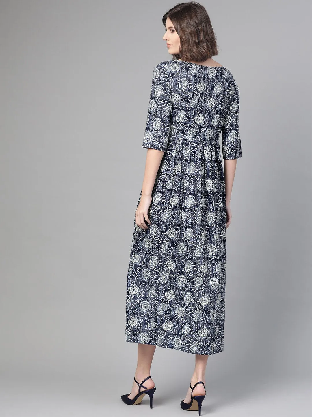 Women Navy Blue & Cream Floral Printed Maxi Dress