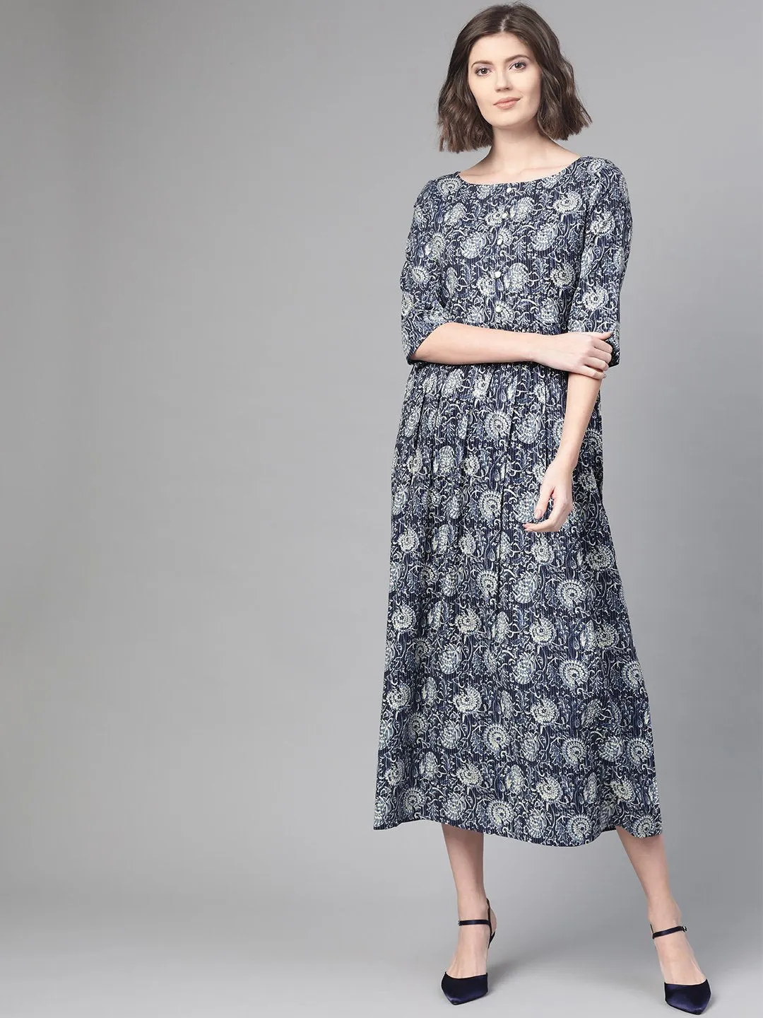 Women Navy Blue & Cream Floral Printed Maxi Dress