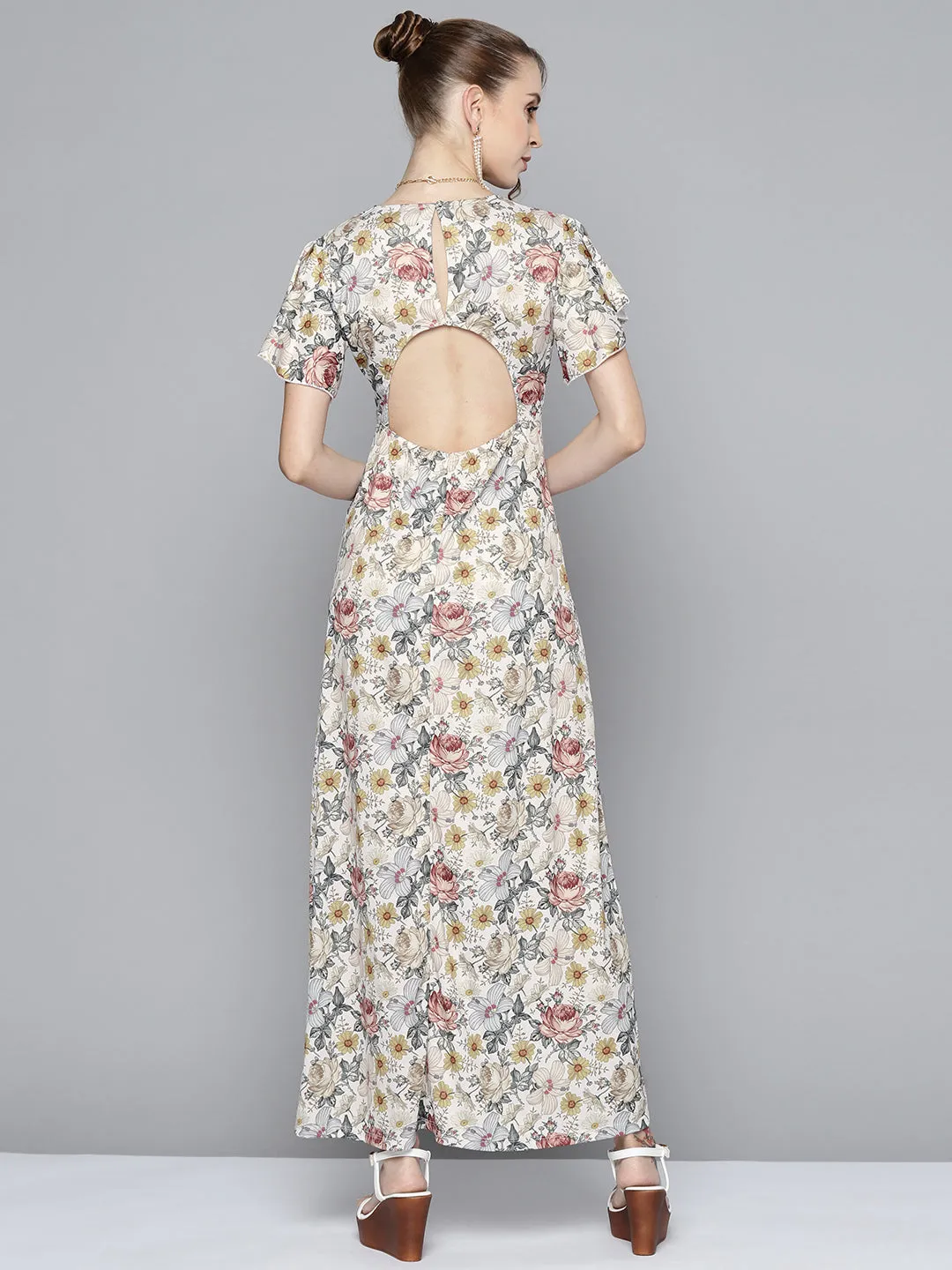 Women Off White Floral Back Cut Out Maxi Dress