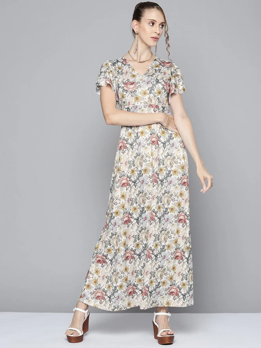 Women Off White Floral Back Cut Out Maxi Dress