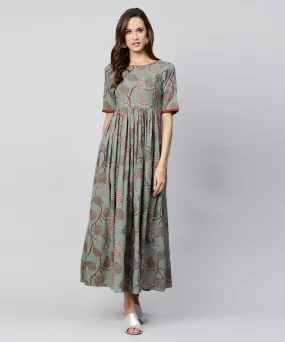 Women Olive Floral Printed Round Neck Cotton Maxi Dress