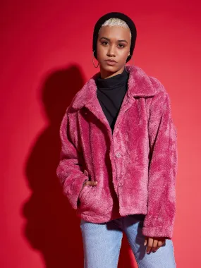 Women Pink Fur Flap Pockets Jacket