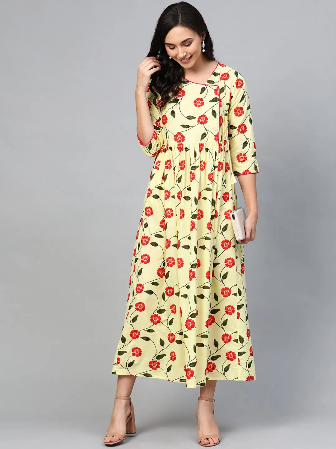 Women Yellow Floral Printed V-Neck Viscose Rayon Maxi Dress