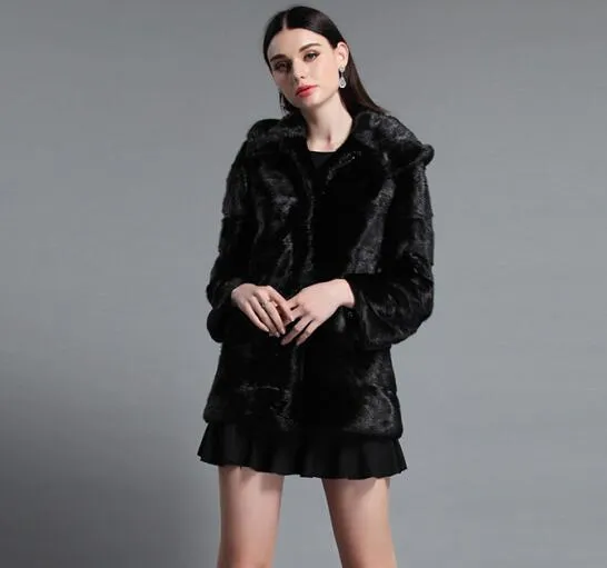 Women's Genuine Mink Fur Coat Women with Hood Plus Size Fur Overcoat 161151