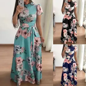 Women's Summer Long Super Long Dress Short Sleeve Flower