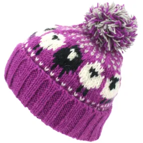 Wool Knit Bobble Beanie Hat - Sheep - Pink White