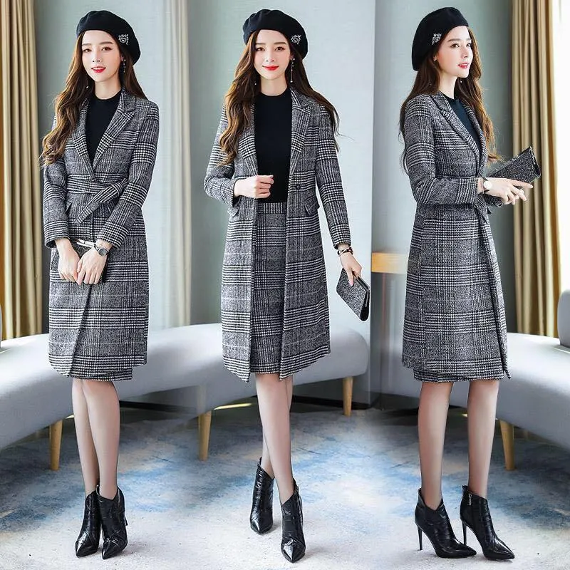 Woolen Slimming Two-Piece Set Suit A-Line Skirt Mac Coat