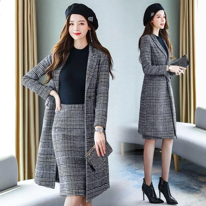 Woolen Slimming Two-Piece Set Suit A-Line Skirt Mac Coat