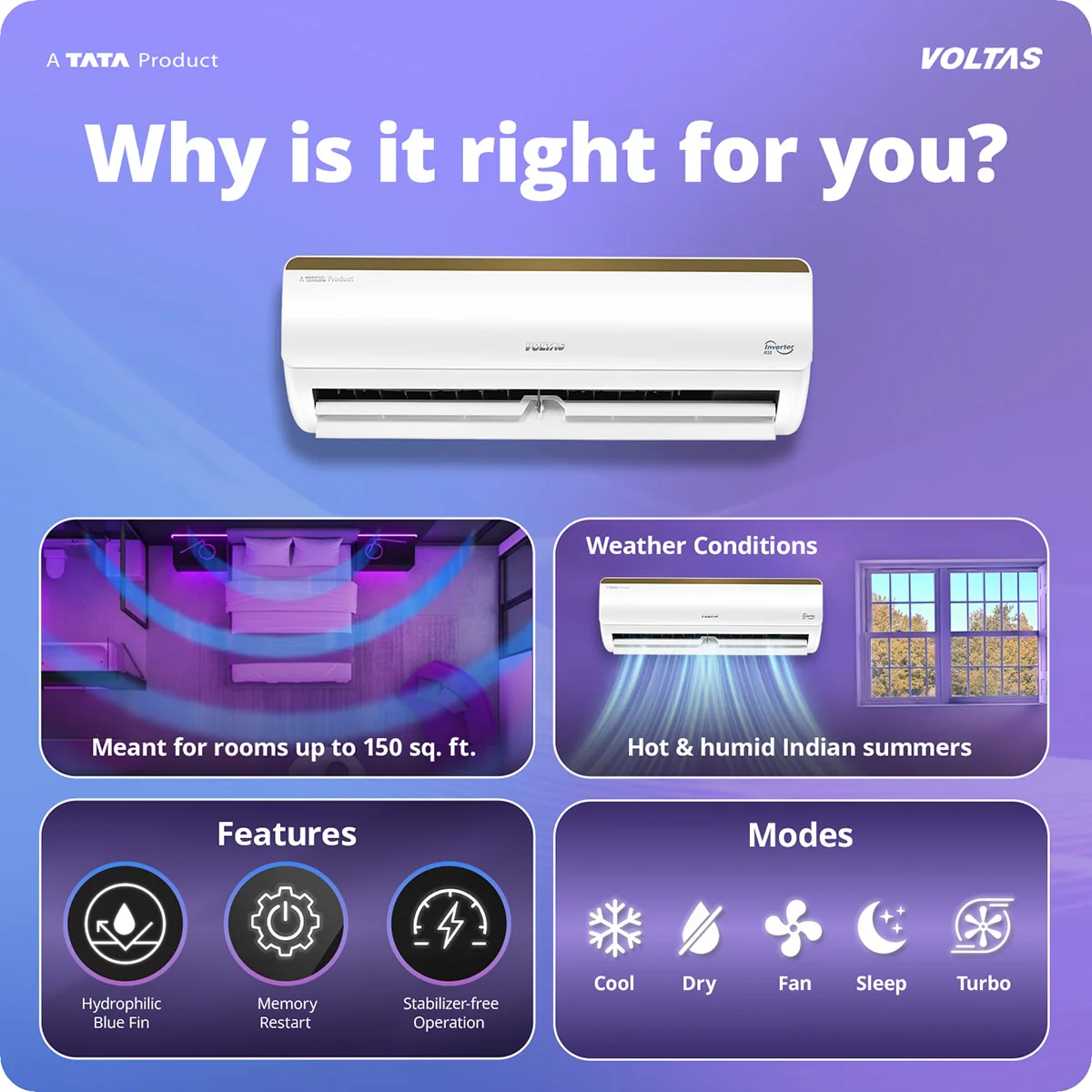 Voltas Split Air Conditioner, 1 Ton, 3 Star - 123INV Vertis Elite Gold - Image 3